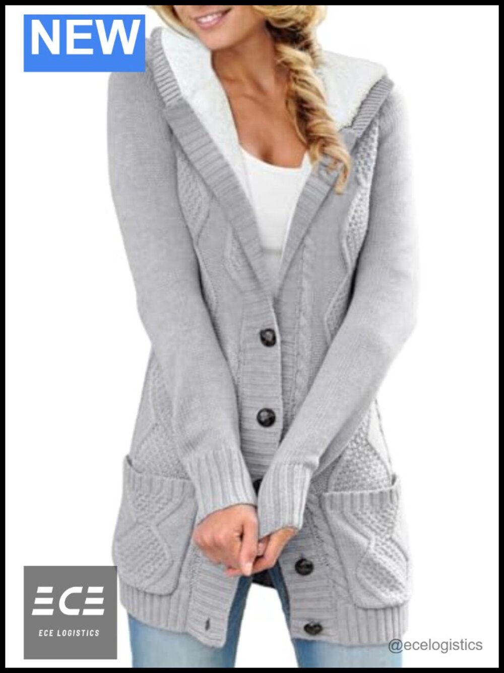 Acrylic Sherpa Cable Knit Hooded Button Cardigan Sweater with Pockets